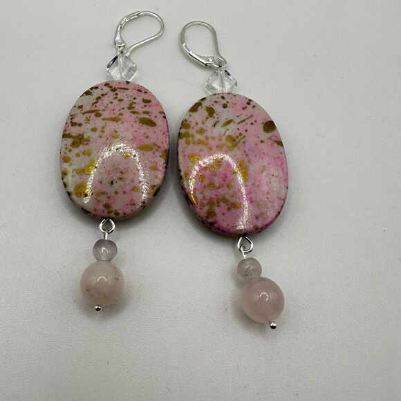 SALE 3" dangle earrings with painted acrylic beads, rose quartz and glass beads! - Picture 5 of 11